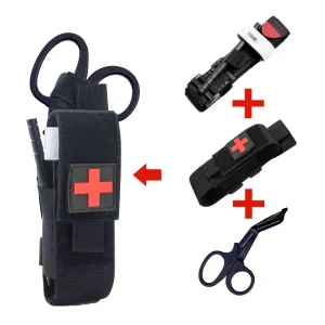 First aid kit, tourniquet, Molle survival kit, care stand, medical equipment, scissors.